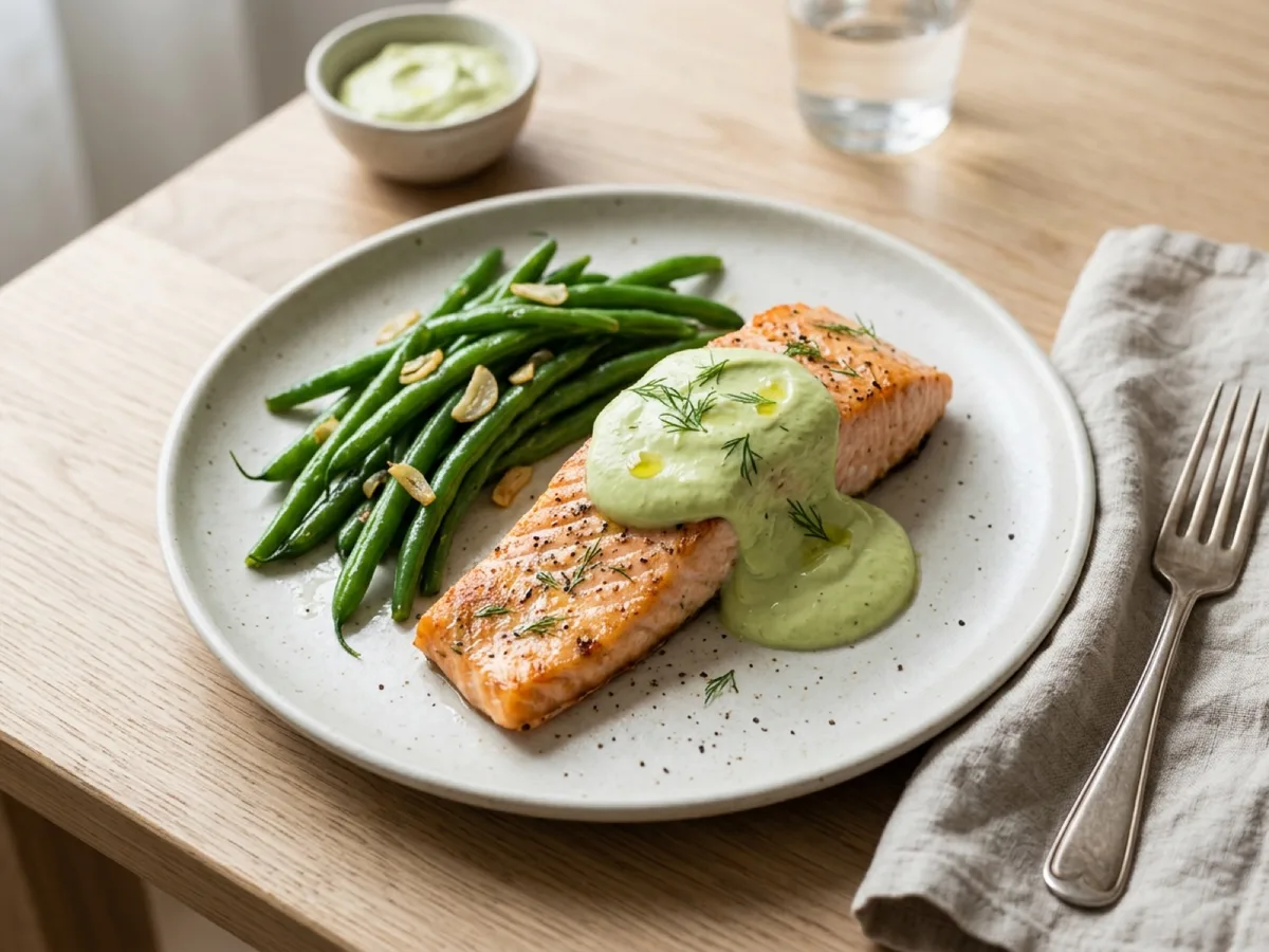 Baked Salmon with Avocado Cream and Garlic Green Beans — recipe photo