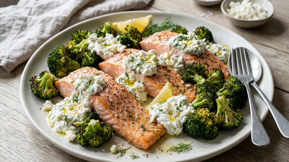 Baked Salmon with Broccoli and Feta Cream