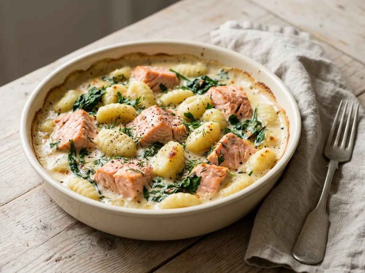 Baked Salmon with Creamy Gnocchi — recipe photo