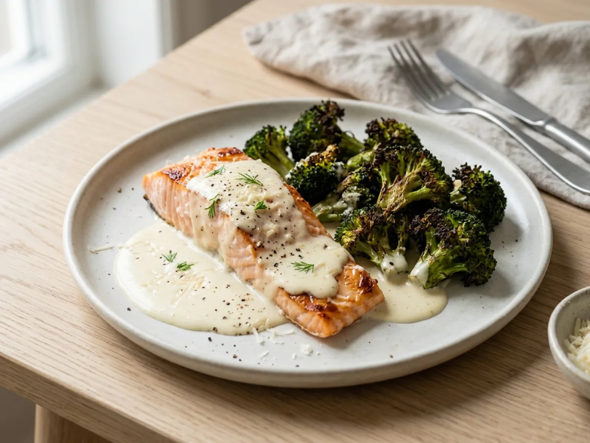 Baked Salmon with Charred Broccoli and Parmesan Cream — recipe photo