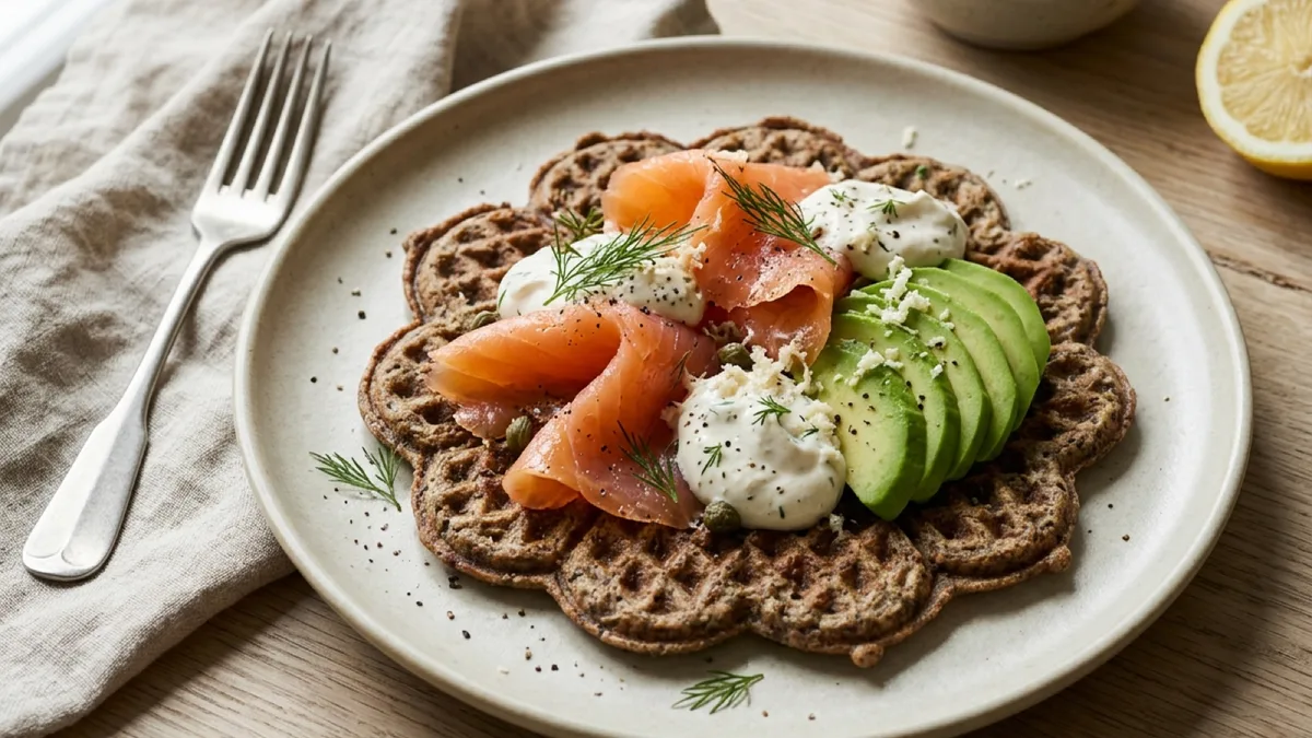 Buckwheat Waffles with Smoked Salmon, Avocado and Horseradish Cream