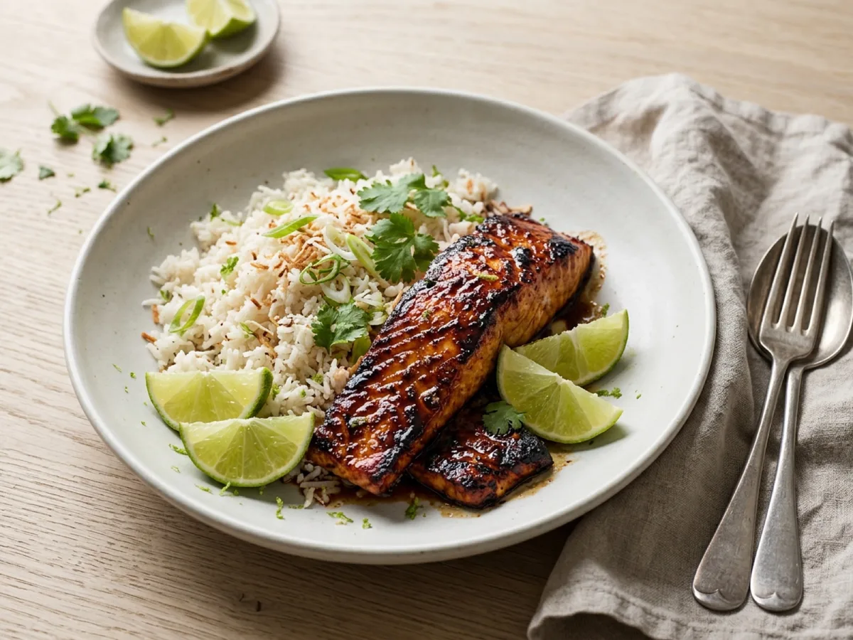 Caramelized Salmon with Lime and Coconut Rice — recipe photo