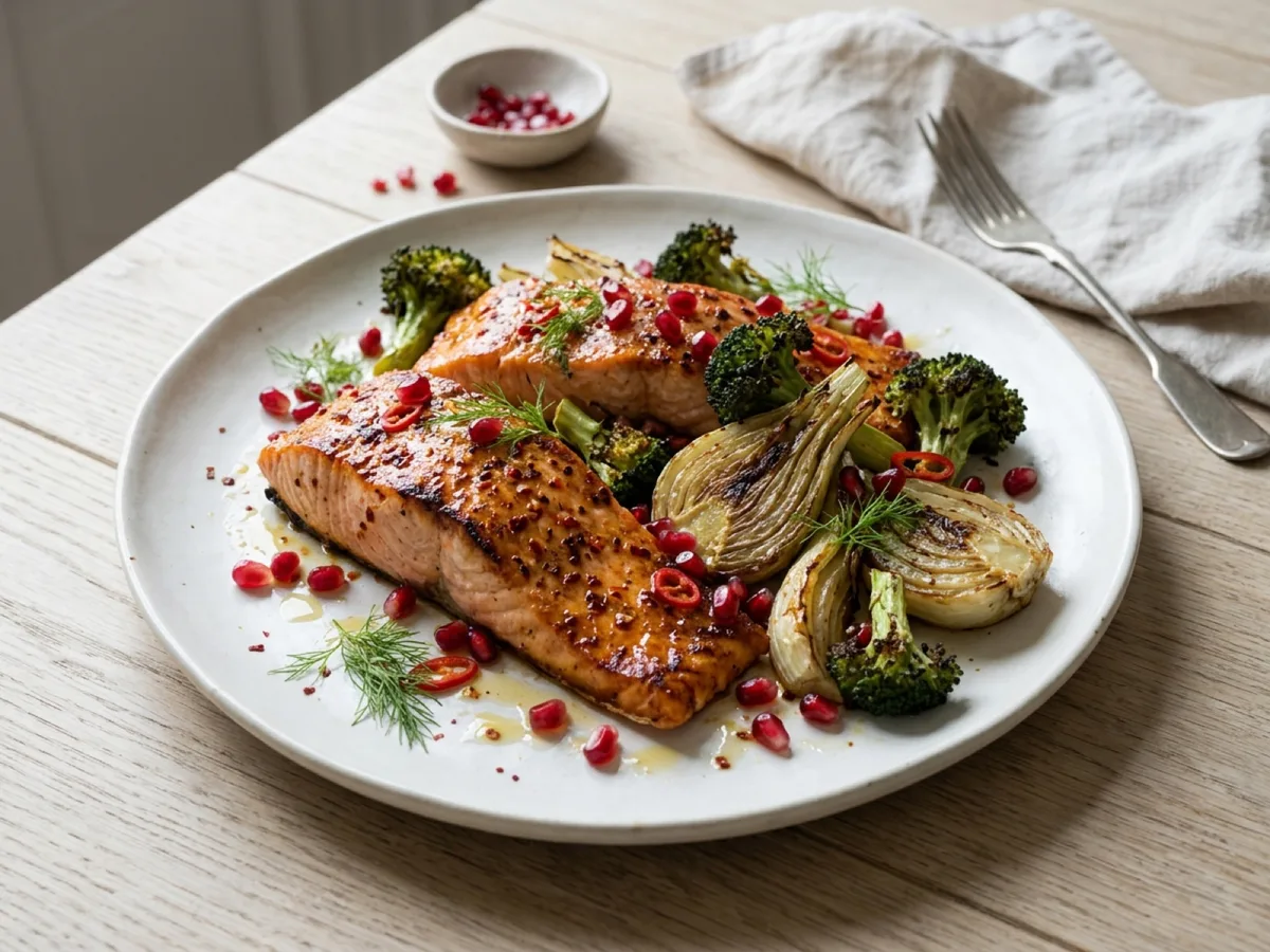 Chilistekt lax med rostad fänkål, broccoli och granatäpple — receptbild