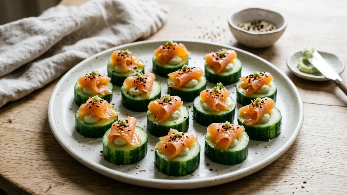 Cucumber Bites with Cold-Smoked Salmon, Wasabi and Sesame