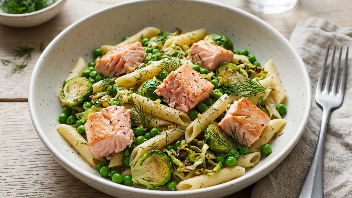Dill Salmon Pasta with Peas and Brussels Sprouts
