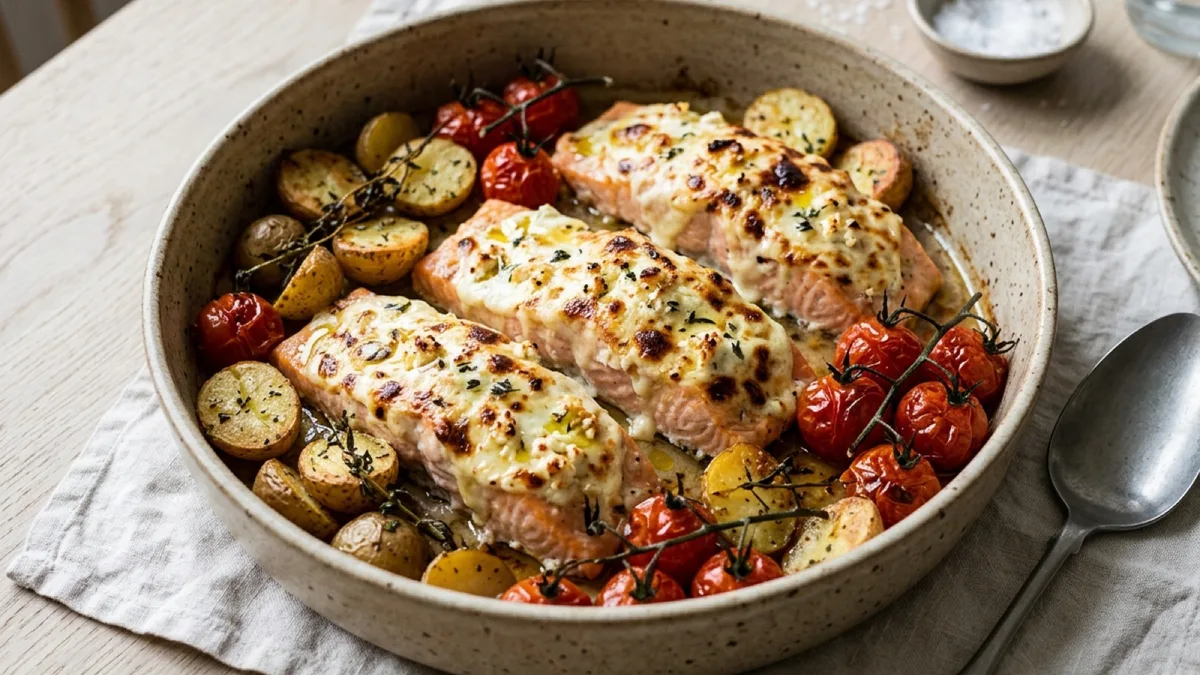 Goat Cheese-Gratinated Salmon with Roasted Tomatoes and Potatoes