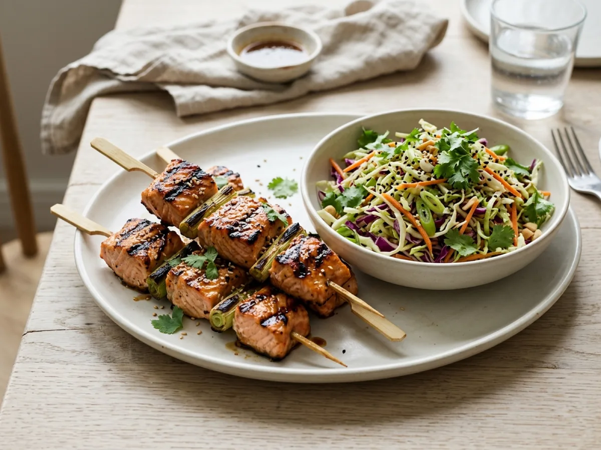 Grilled Salmon Skewers with Asian Coleslaw — recipe photo