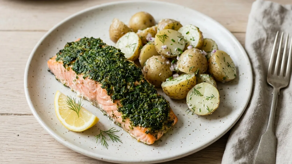 Herb-Pesto Baked Salmon with Potato Salad