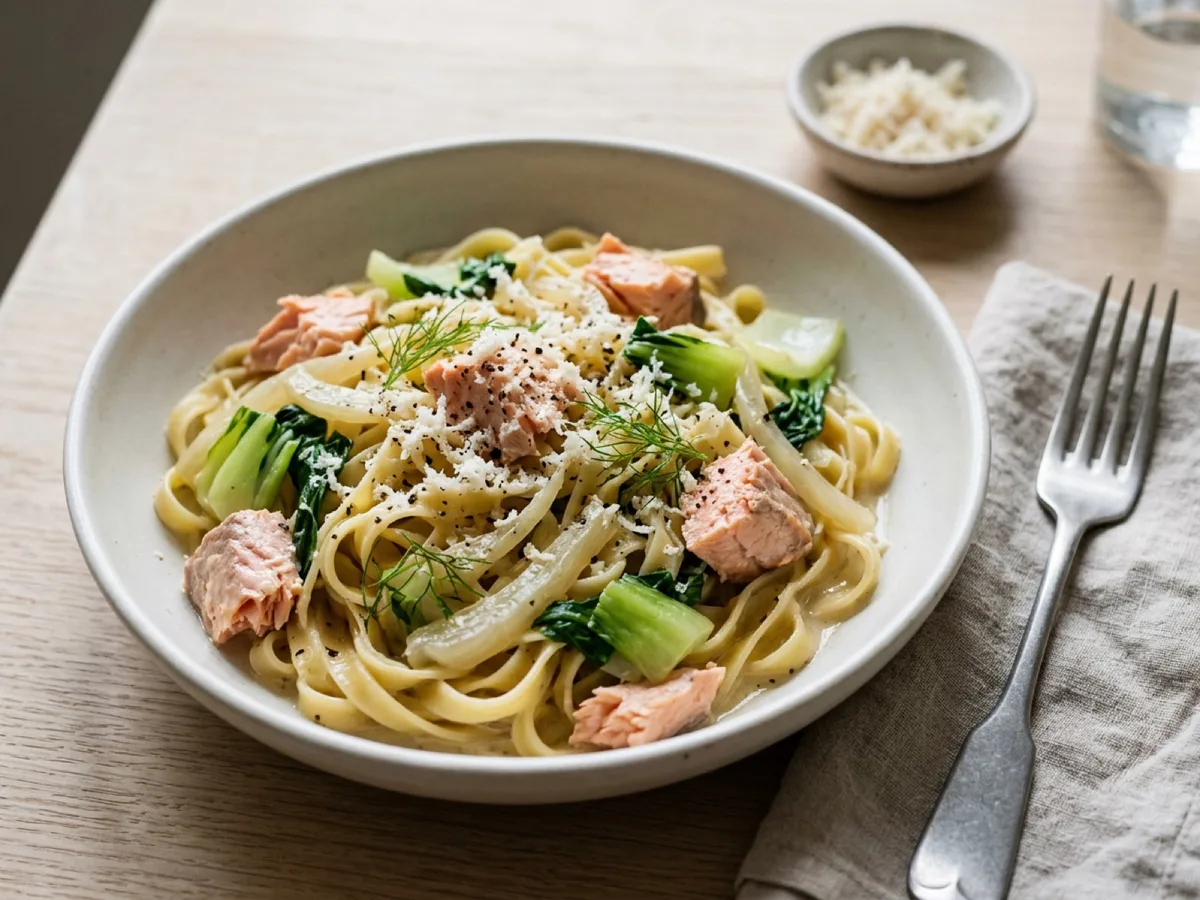 Pasta with Hot-Smoked Salmon, Fennel, Pak Choi and Horseradish — recipe photo