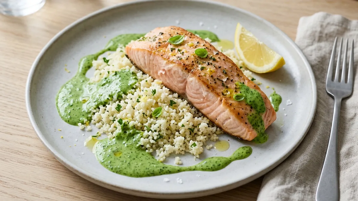 Louise-Style Salmon with Cauliflower Couscous and Basil Cream