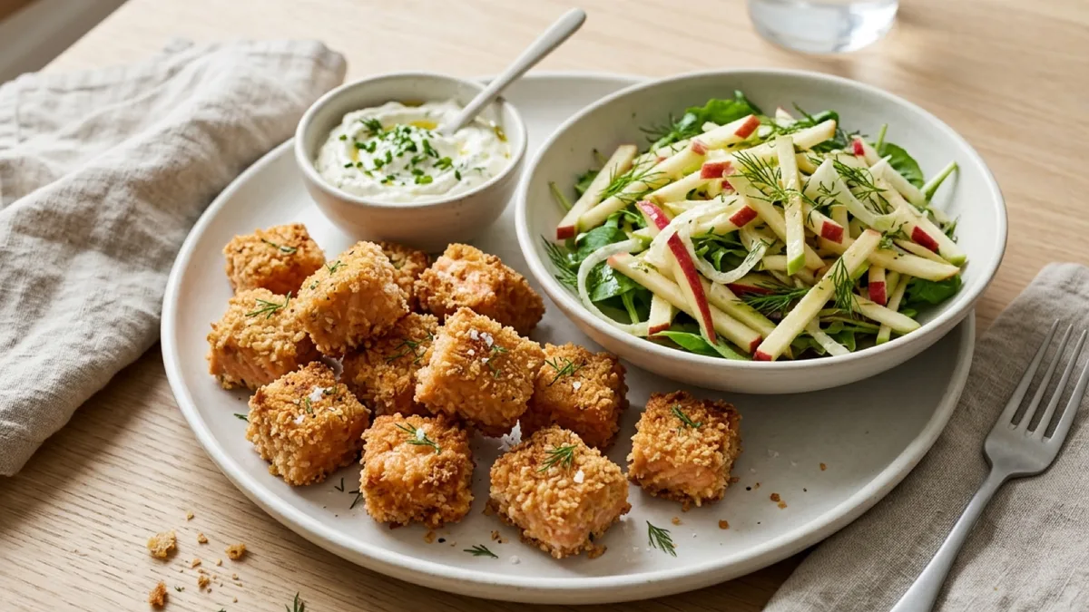 Panko Salmon Bites with Apple Salad and Goat Cheese Dip