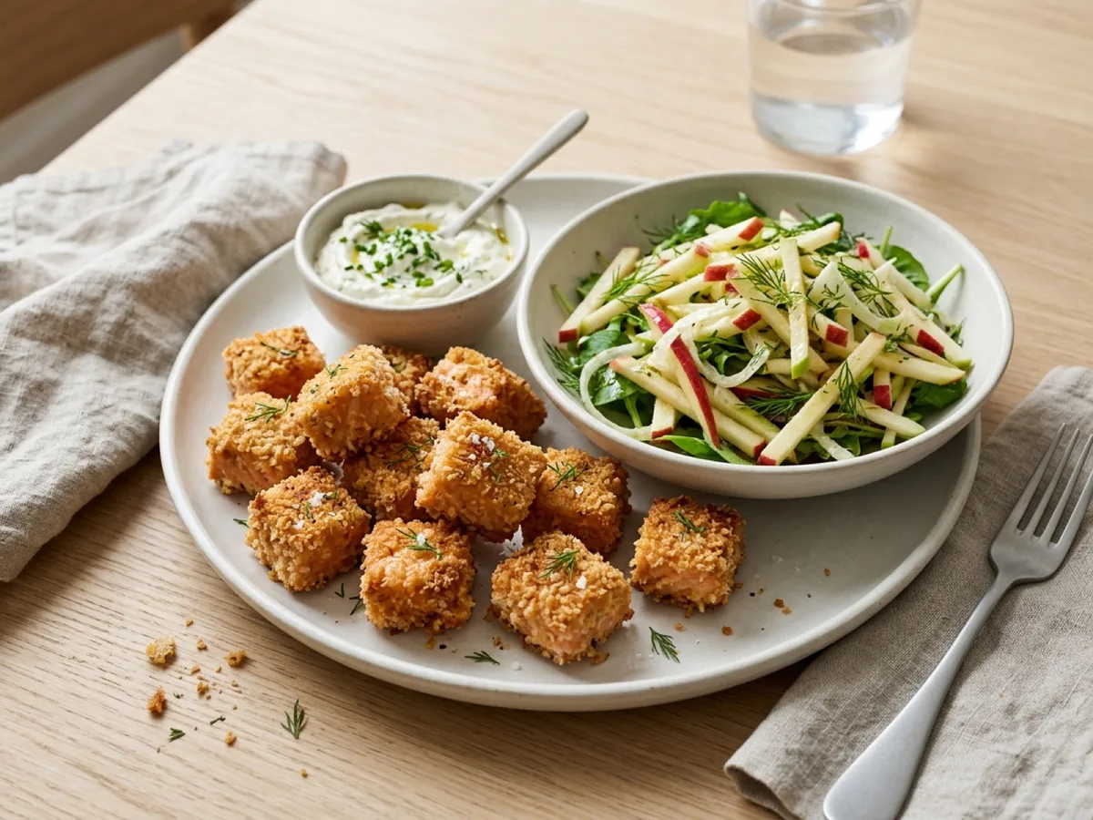 Panko Salmon Bites with Apple Salad and Goat Cheese Dip — recipe photo