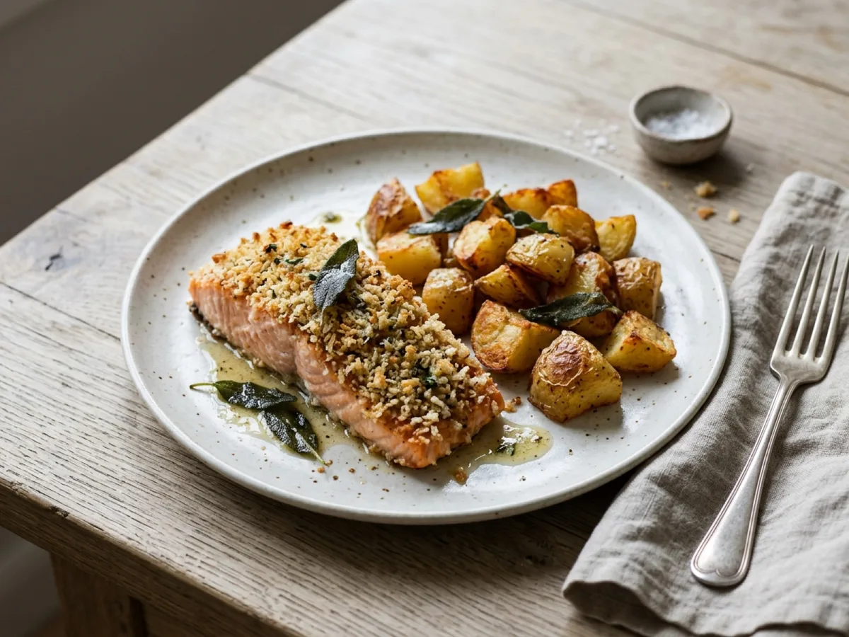 Panko-Crusted Salmon with Roast Potatoes and Sage Butter — recipe photo