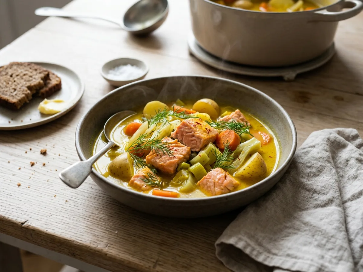 One-Pot Saffron Salmon and Vegetable Stew — recipe photo