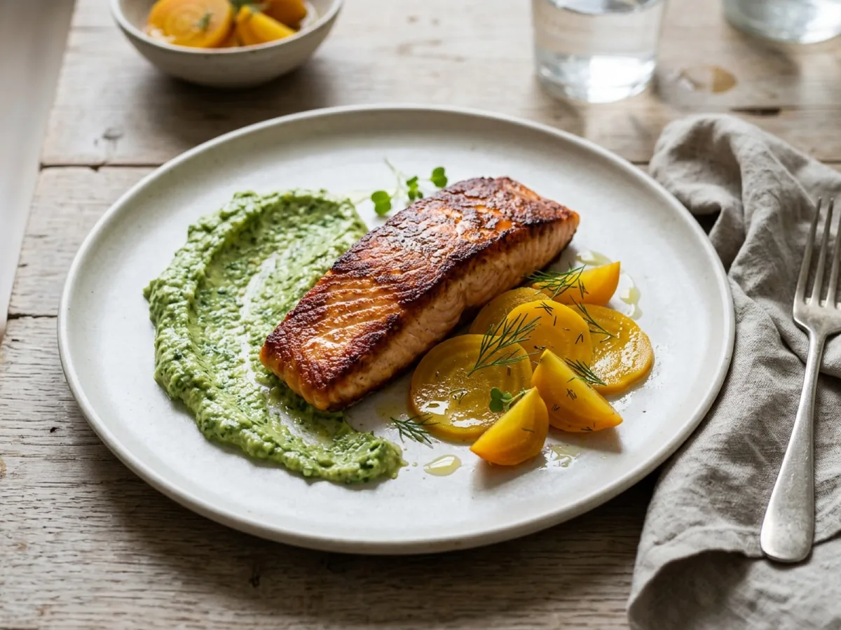 Pan-Fried Salmon with Avocado Pesto and Lime-Pickled Golden Beets — recipe photo