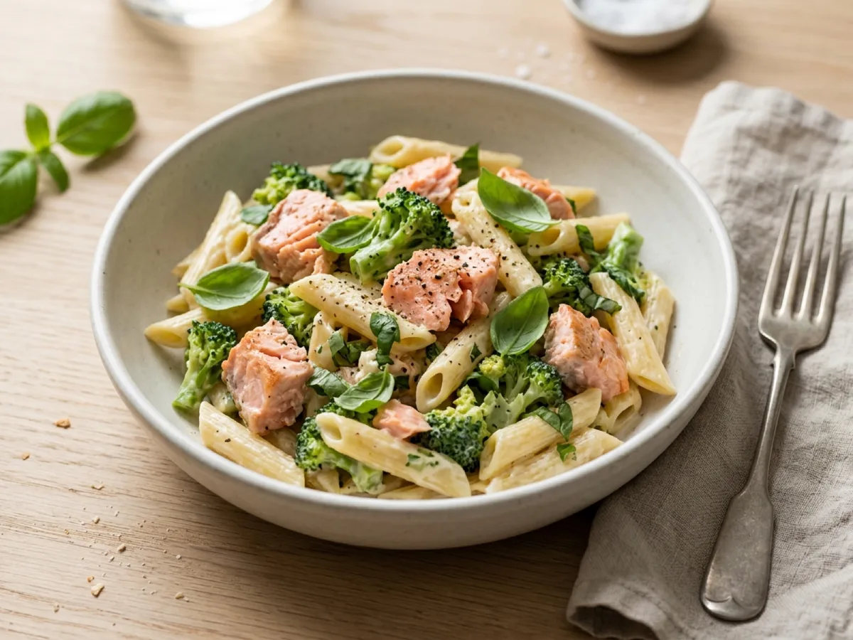 Salmon, Basil and Creamy Broccoli Pasta — recipe photo