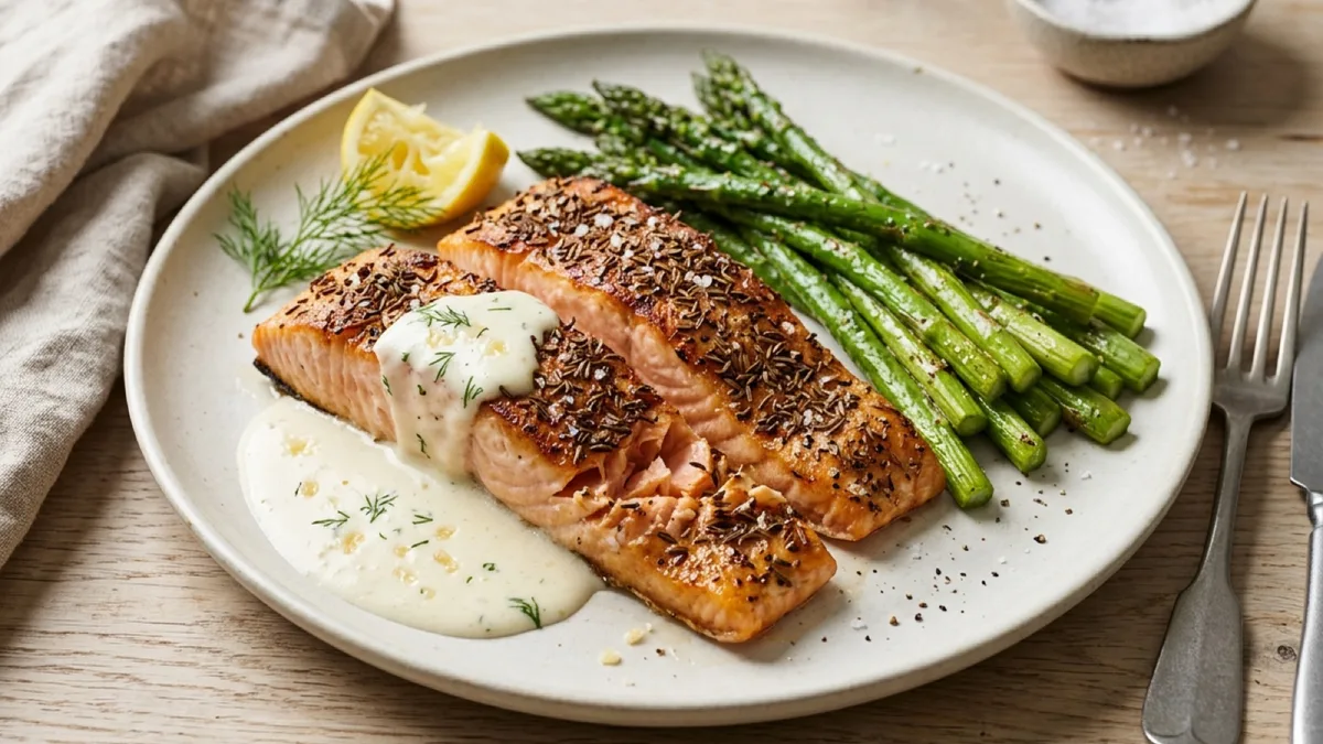 Caraway-Rubbed Salmon with Asparagus and Västerbotten Sauce