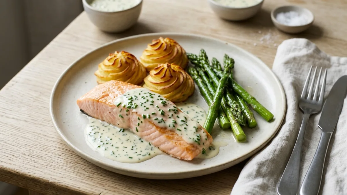 Salmon with Duchess Potatoes, Chive Sauce and Asparagus