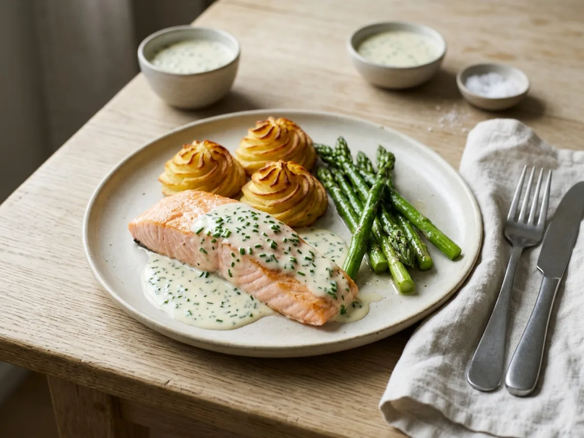 Salmon with Duchess Potatoes, Chive Sauce and Asparagus — recipe photo