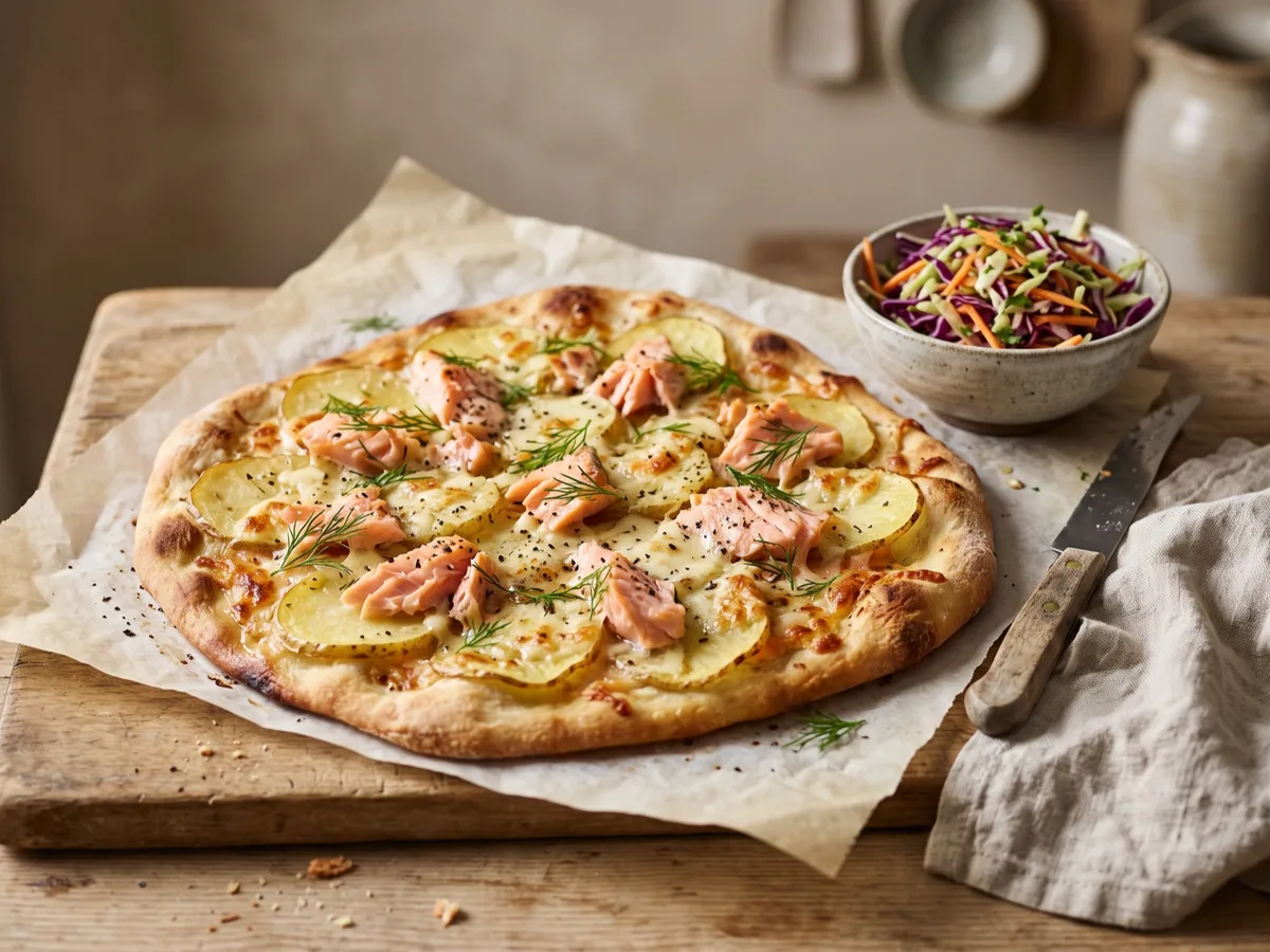 Salmon and Potato Pizza with Crunchy Slaw — recipe photo