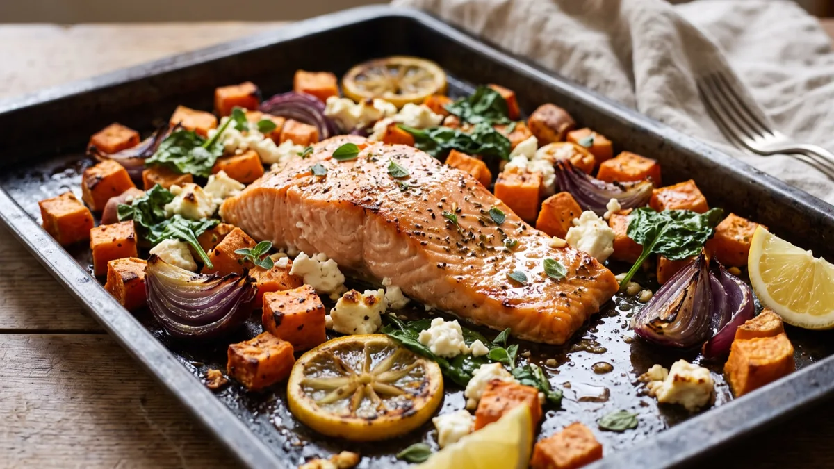Salmon and Sweet Potato Tray Bake with Feta
