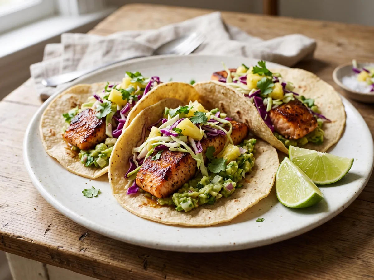 Salmon Tacos with Guacamole and Pineapple Slaw — recipe photo