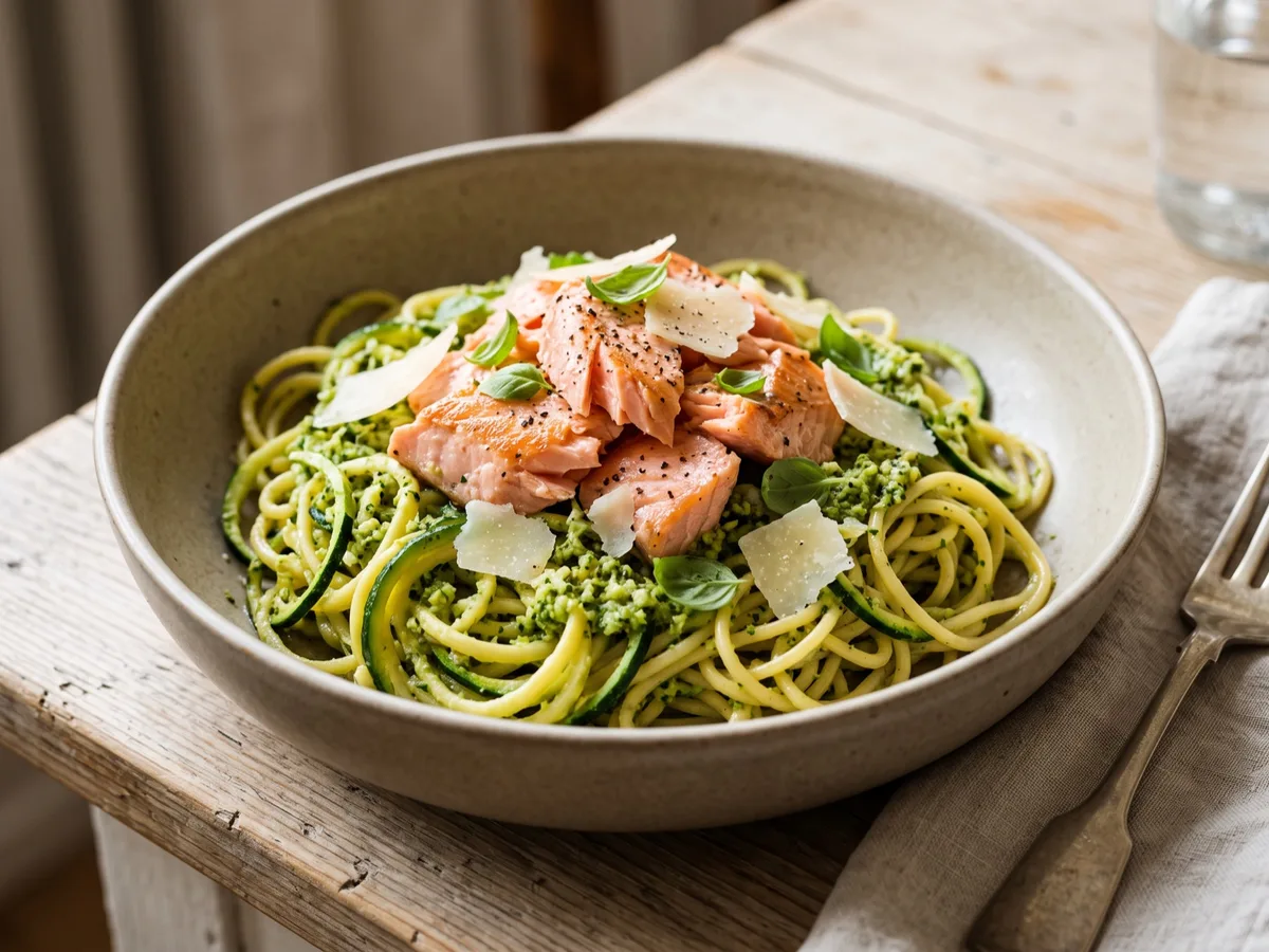 Salmon with Zucchini Pasta and Broccoli Pesto — recipe photo